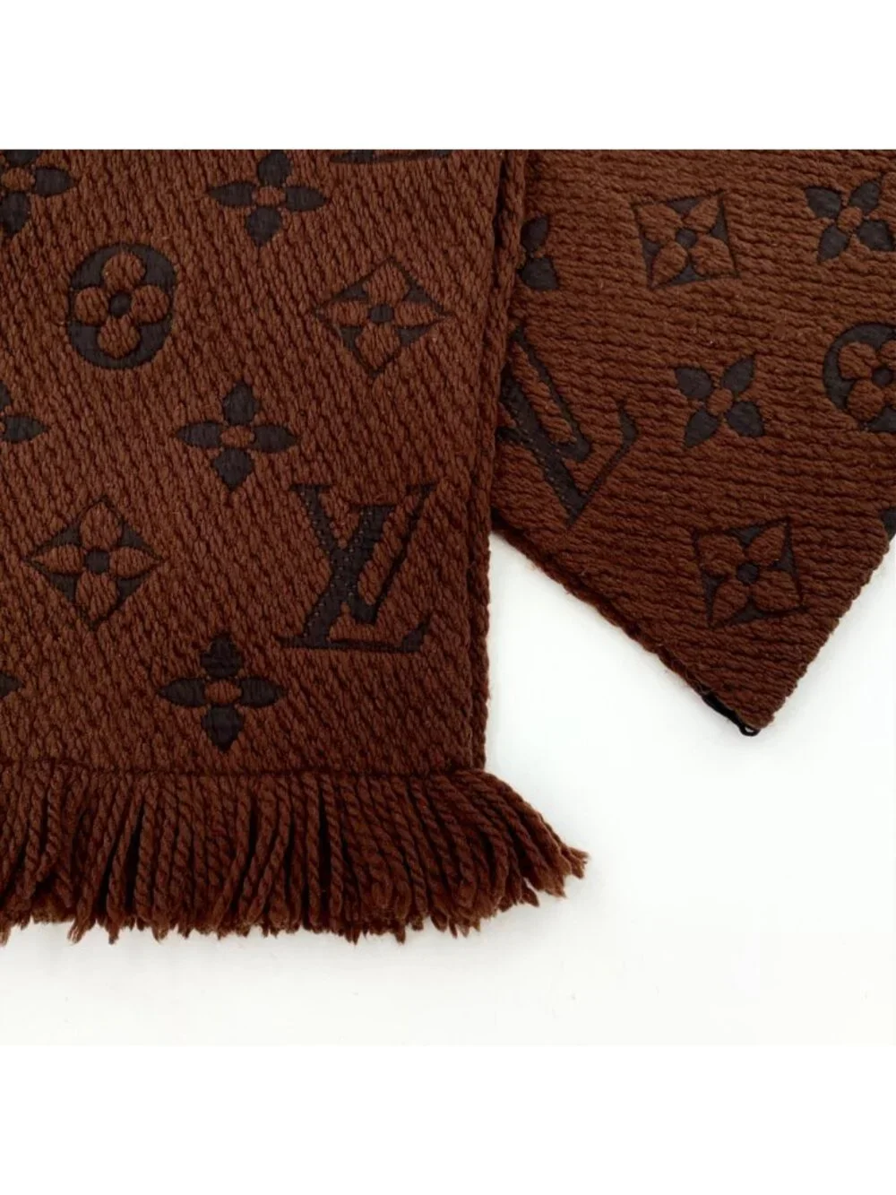 Louis Vuitton Red Brown Logo Jacquard Wool Fringe Scarf